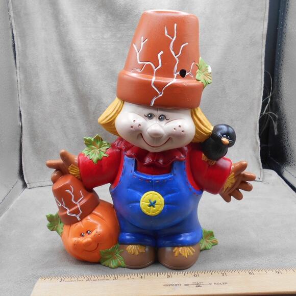 Vintage Ceramic Crack Pot Scarecrow w/Pumpkin 9.5" 1997 Halloween Thanksgiving - Picture 2 of 10